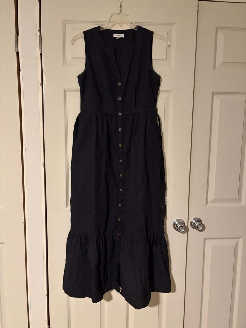 New with tag Womens Calvin Klein NAVY BLUE Midi Dress Ruffle Hem Pockets Size 16